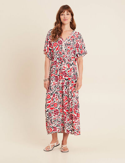 Robe longue évasée col en V blanc femme