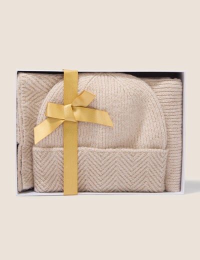 Coffret lot de 2 &eacute;charpe et bonnet creme femme