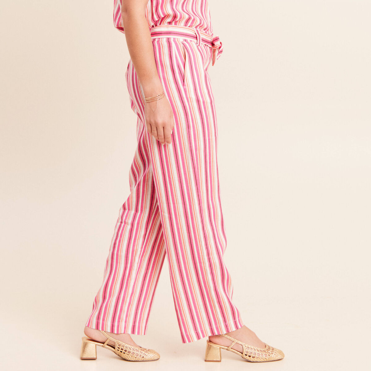 Pantalon coupe large en lin rose femme