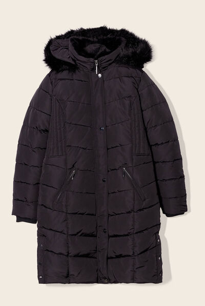 Doudoune longue à capuche noir femme