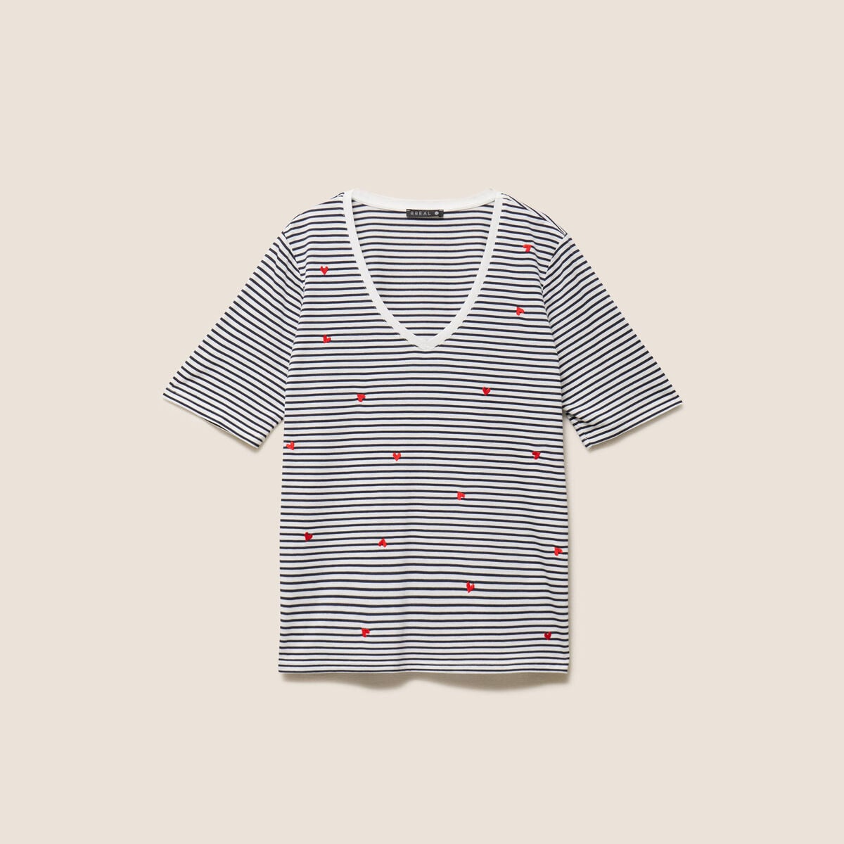 T-shirt droit broderie manches courtes bleu femme