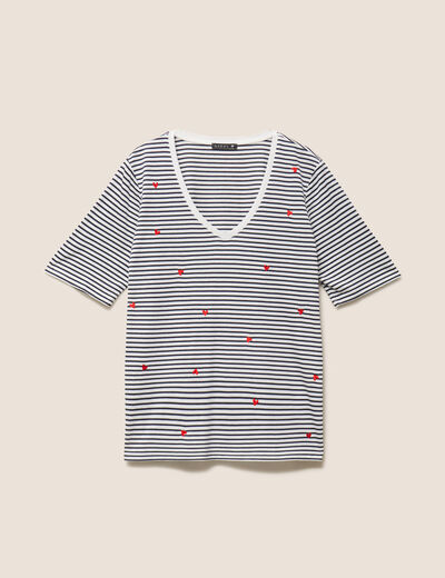 T-shirt droit broderie manches courtes bleu femme