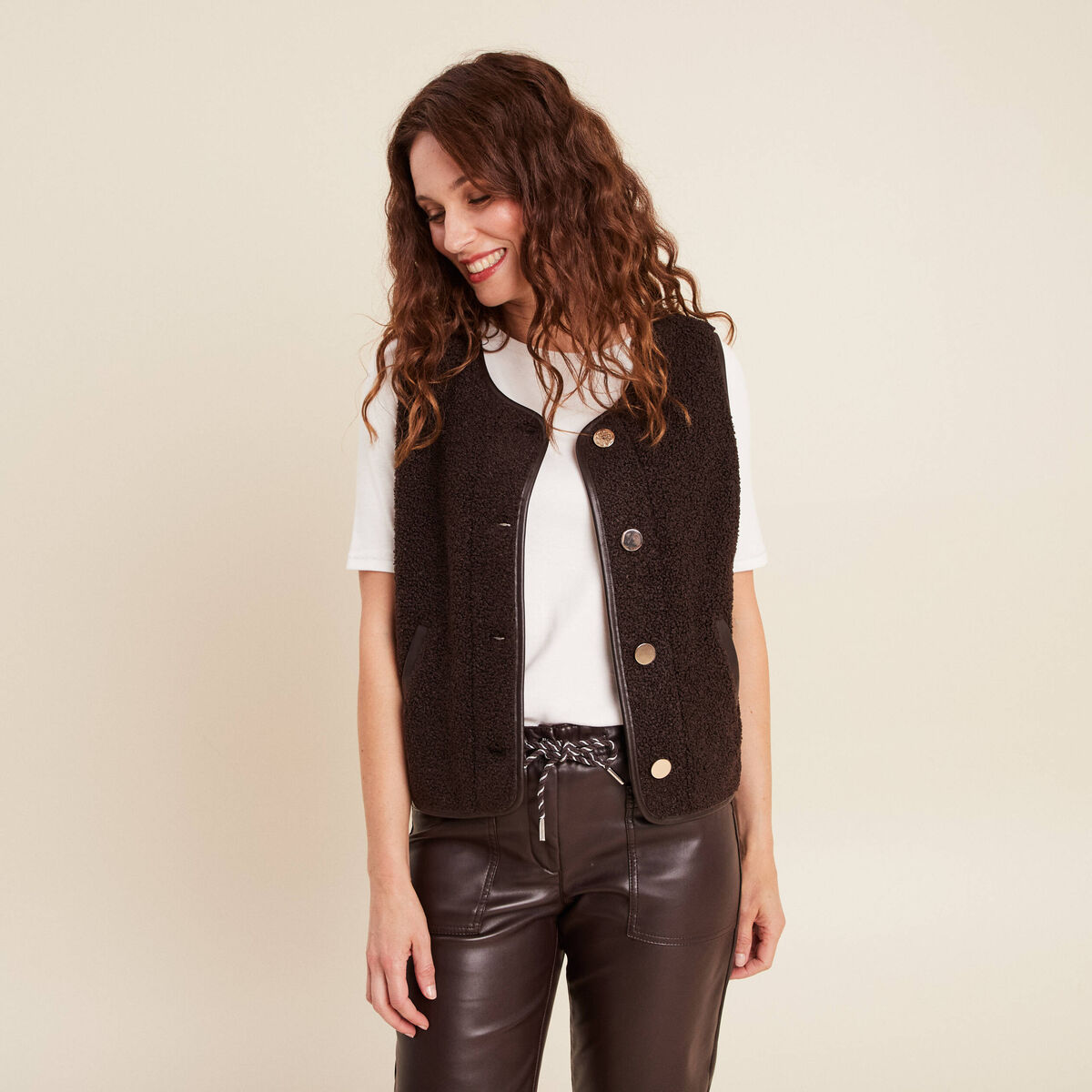 Gilet sans manches sans col marron foncé femme