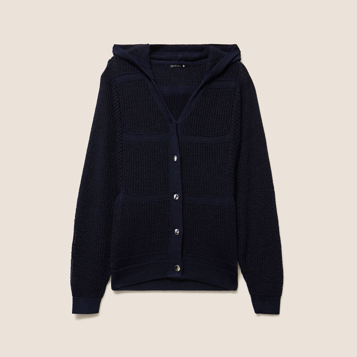Gilet ajour&eacute; &agrave; capuche manches longues bleu marine femme