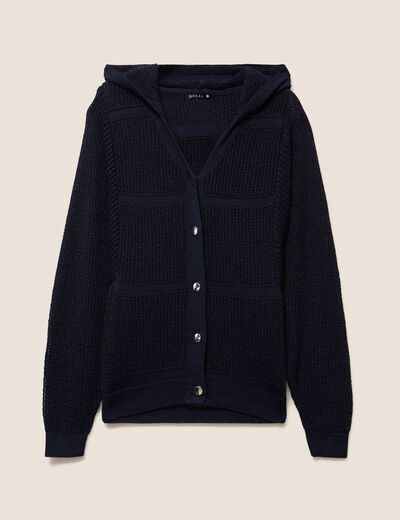 Gilet ajour&eacute; &agrave; capuche manches longues bleu marine femme