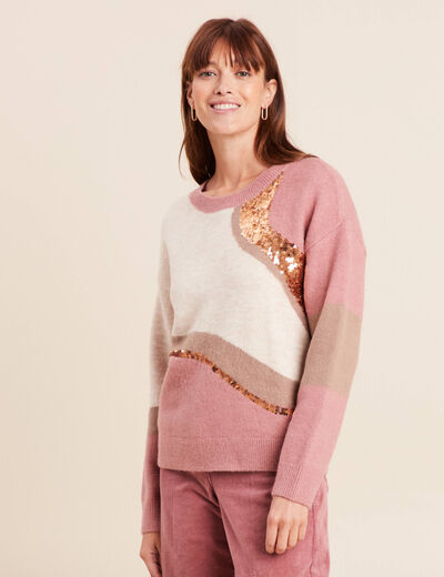Pull col rond manches longues &agrave; sequins taupe femme