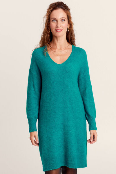 Robe pull droite col en V vert canard femme