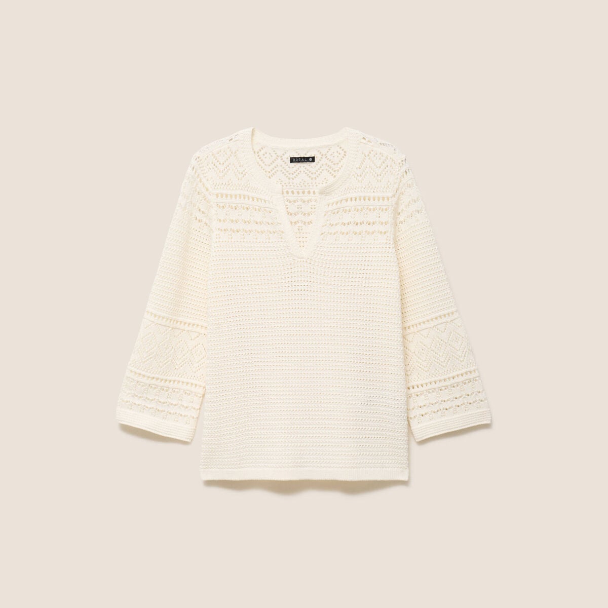 Pull col tunisien manches 3/4 ecru femme