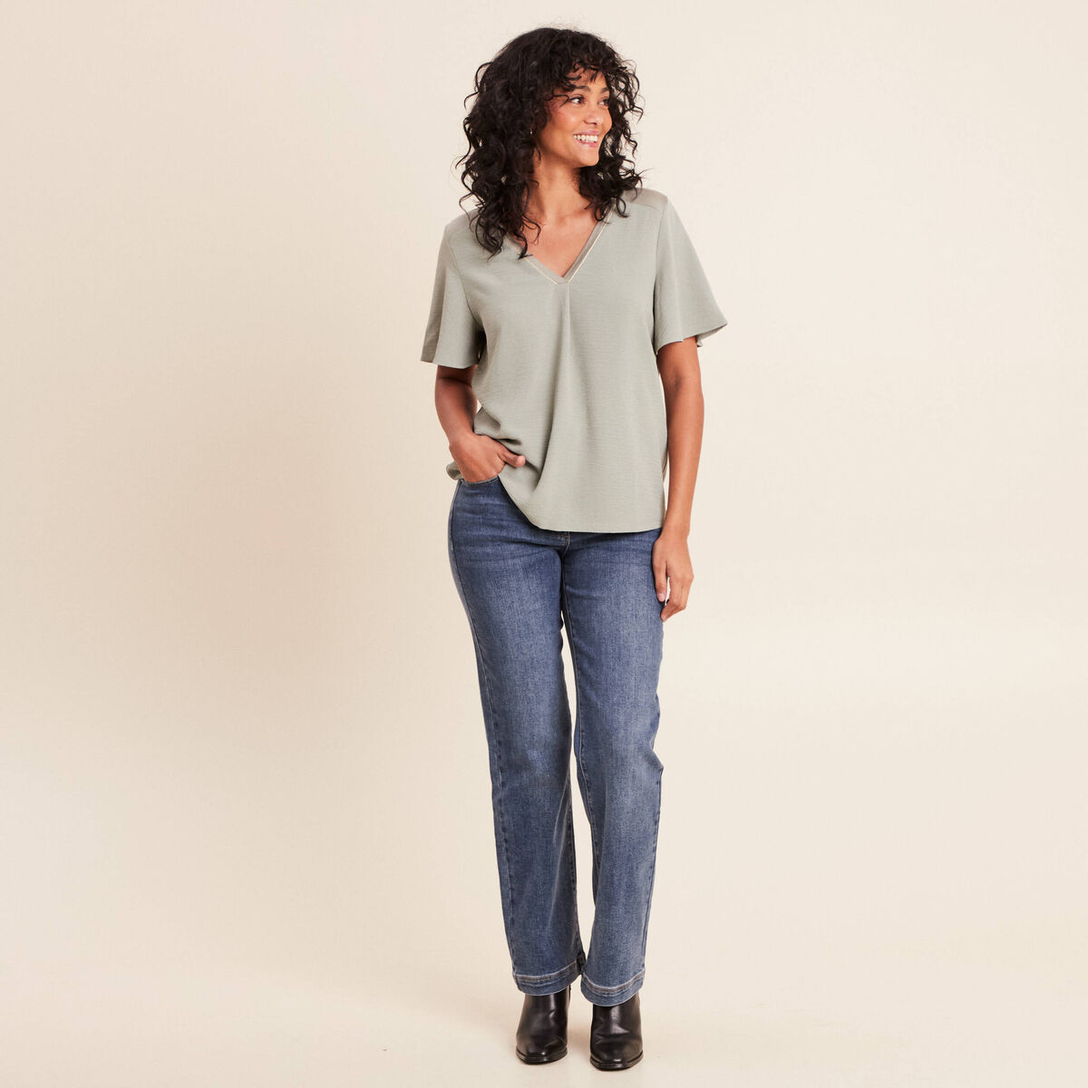 T-shirt bi-mati&egrave;re manches courtes vert clair femme