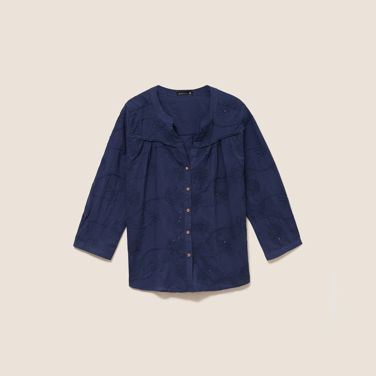 Blouse col tunisien manches 3/4 bleu marine femme