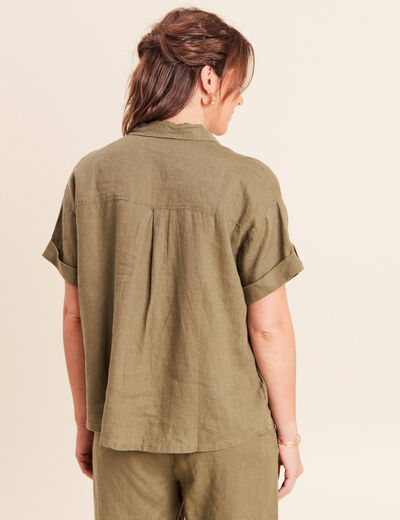 Chemise ample manches courtes aspect lin vert kaki femme