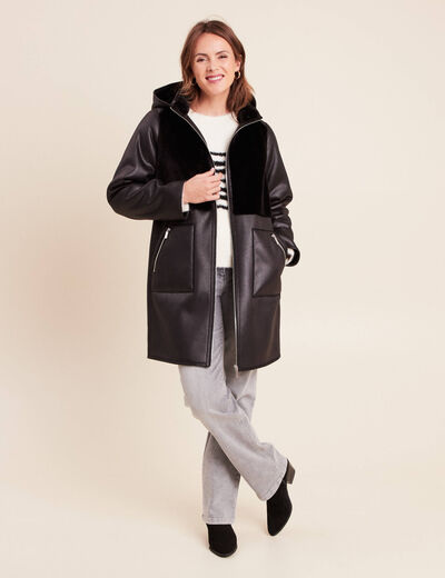 Manteau fausse fourrure capuche amovible noir femme