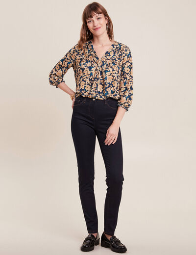 Blouse manches 3/4 col smocké bleu foncé femme