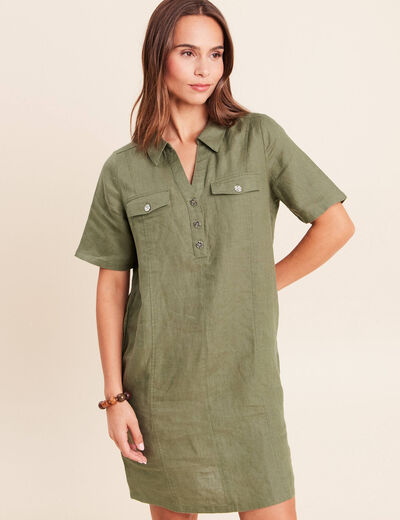 Robe droite courte col chemise vert kaki femme