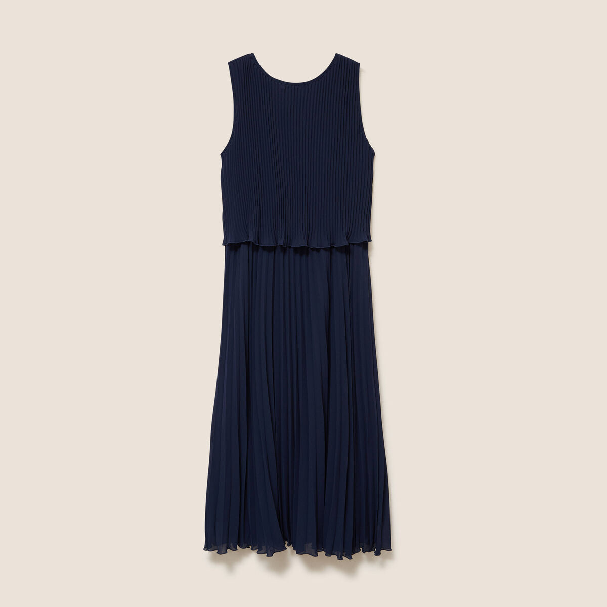 Robe longue &eacute;vas&eacute;e pliss&eacute;e sans manches bleu marine femme