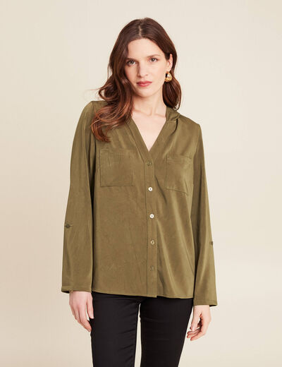 Blouse manches 3/4 à capuche vert olive femme
