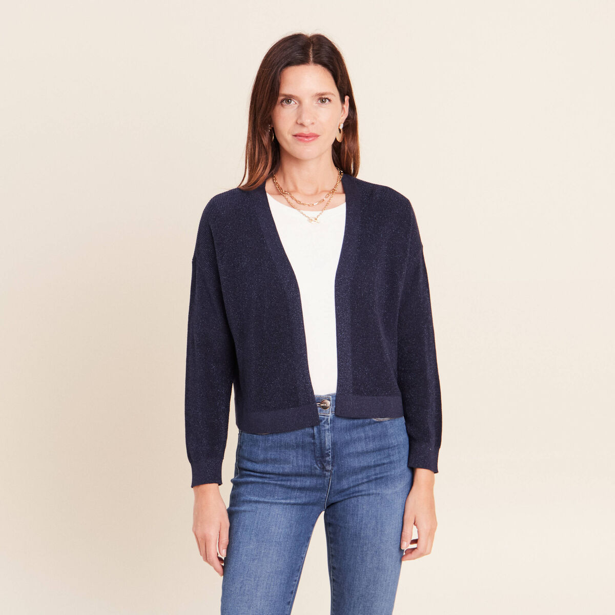 Gilet manches longues brillant bleu marine femme