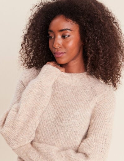 Pull droit col montant manches longues beige femme
