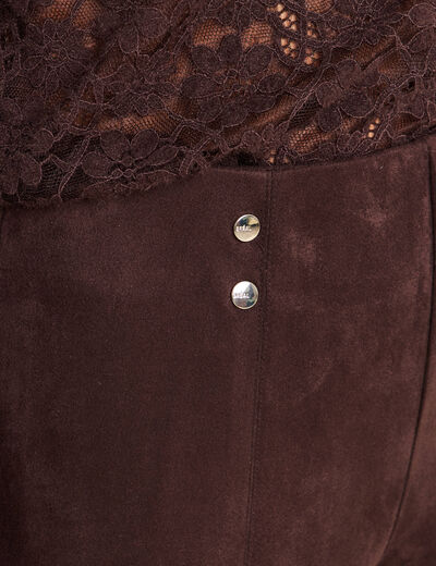 Legging 7/8&egrave;me taille haute aspect daim marron fonc&eacute; femme