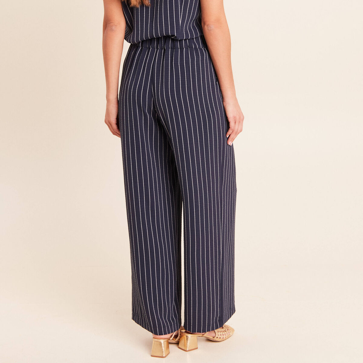 Pantalon large taille haute bleu fonc&eacute; femme