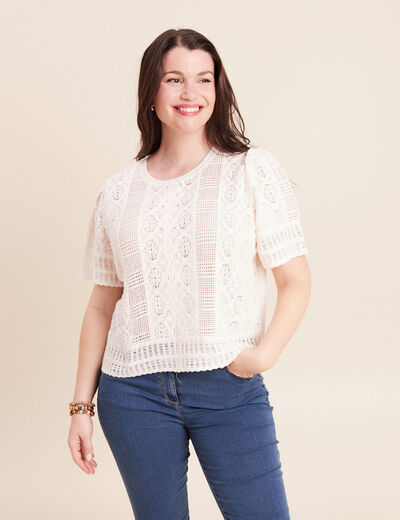 T-shirt col rond &agrave; dentelle ecru femme