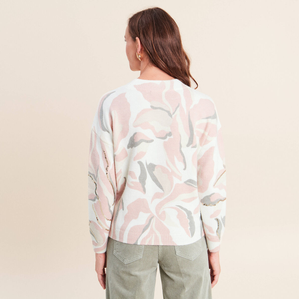 Pull col rond &agrave; sequins rose femme
