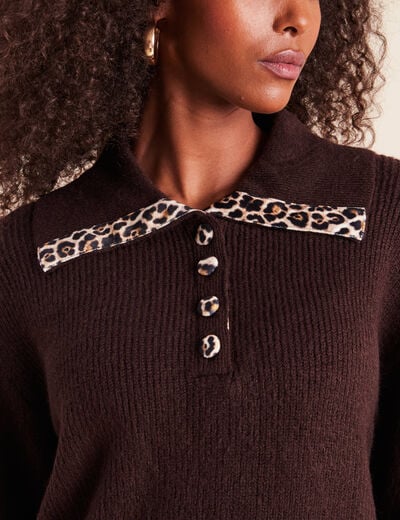 Pull droit manches longues marron fonc&eacute; femme
