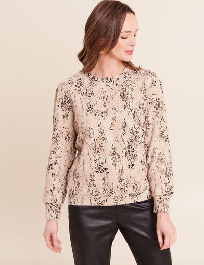 T-shirt court col rond manches longues beige femme