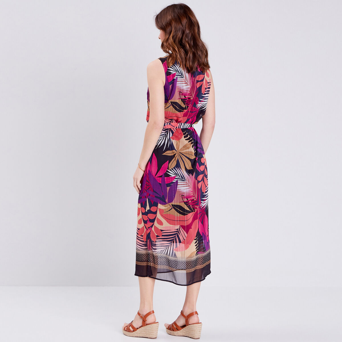 Robe longue droite ceinturée rose femme