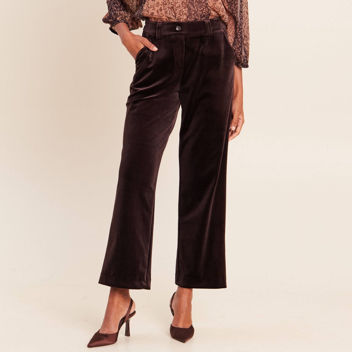 Pantalon large taille haute marron fonc&eacute; femme