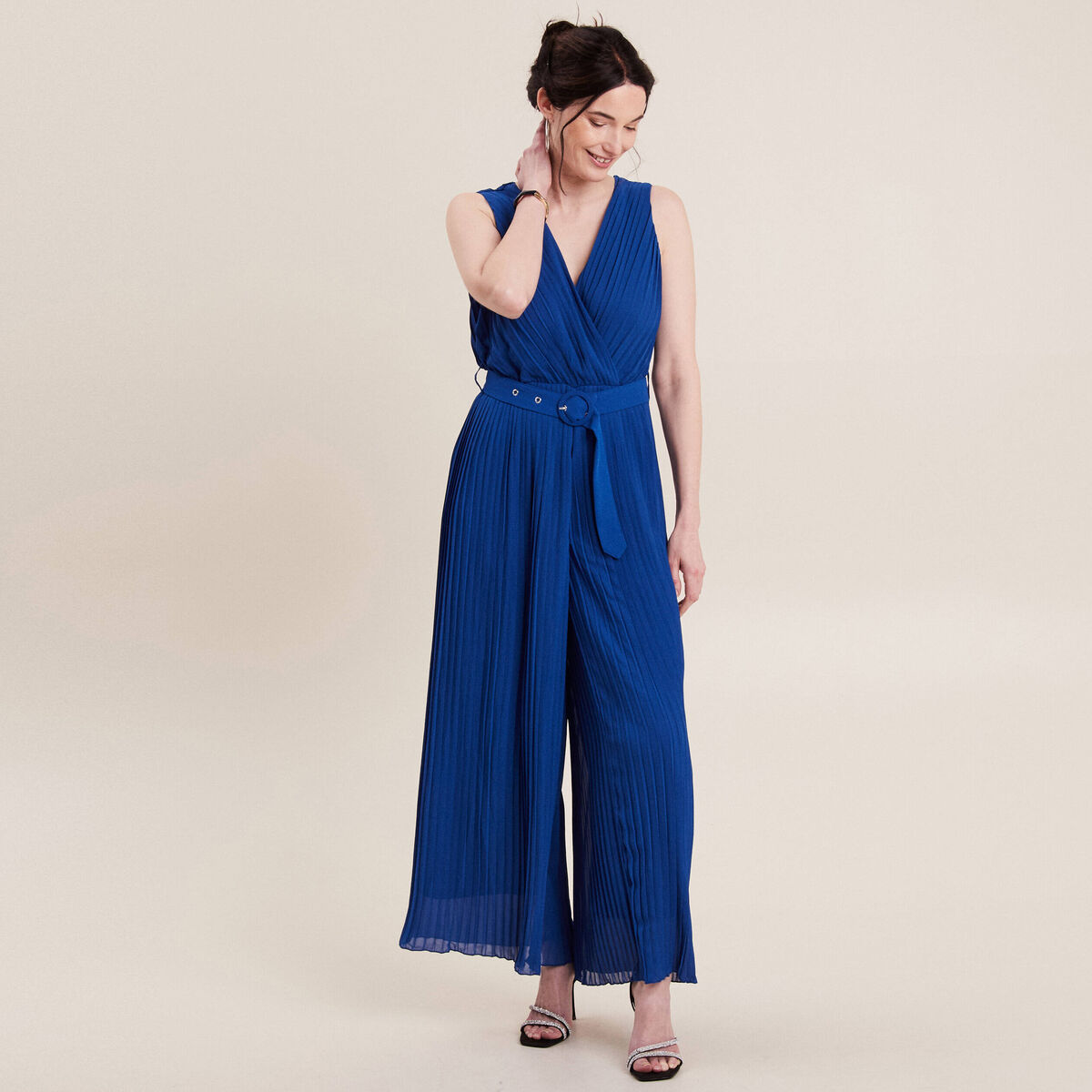 Combinaison pantalon pliss&eacute;e bleu electrique femme