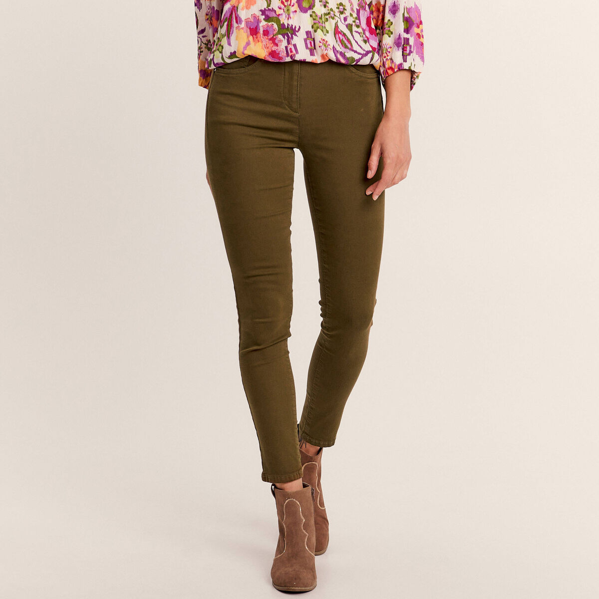 Pantalon léger taille standard 7/8ème vert kaki femme