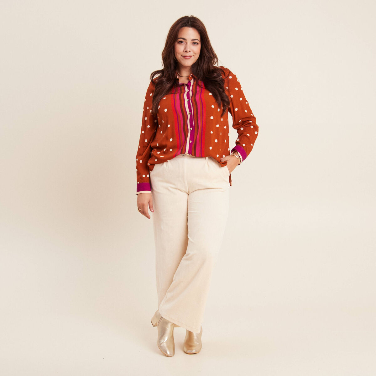 Pantalon large velours ivoire femme