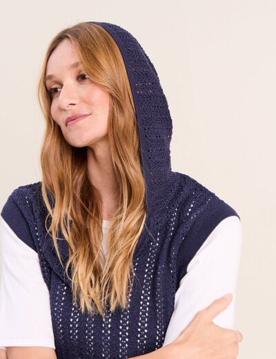 Pull droit sans manches &agrave; capuche bleu marine femme