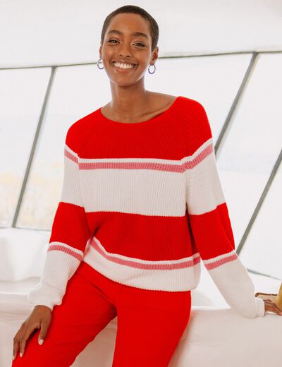 Pull droit col rond en coton ecru femme