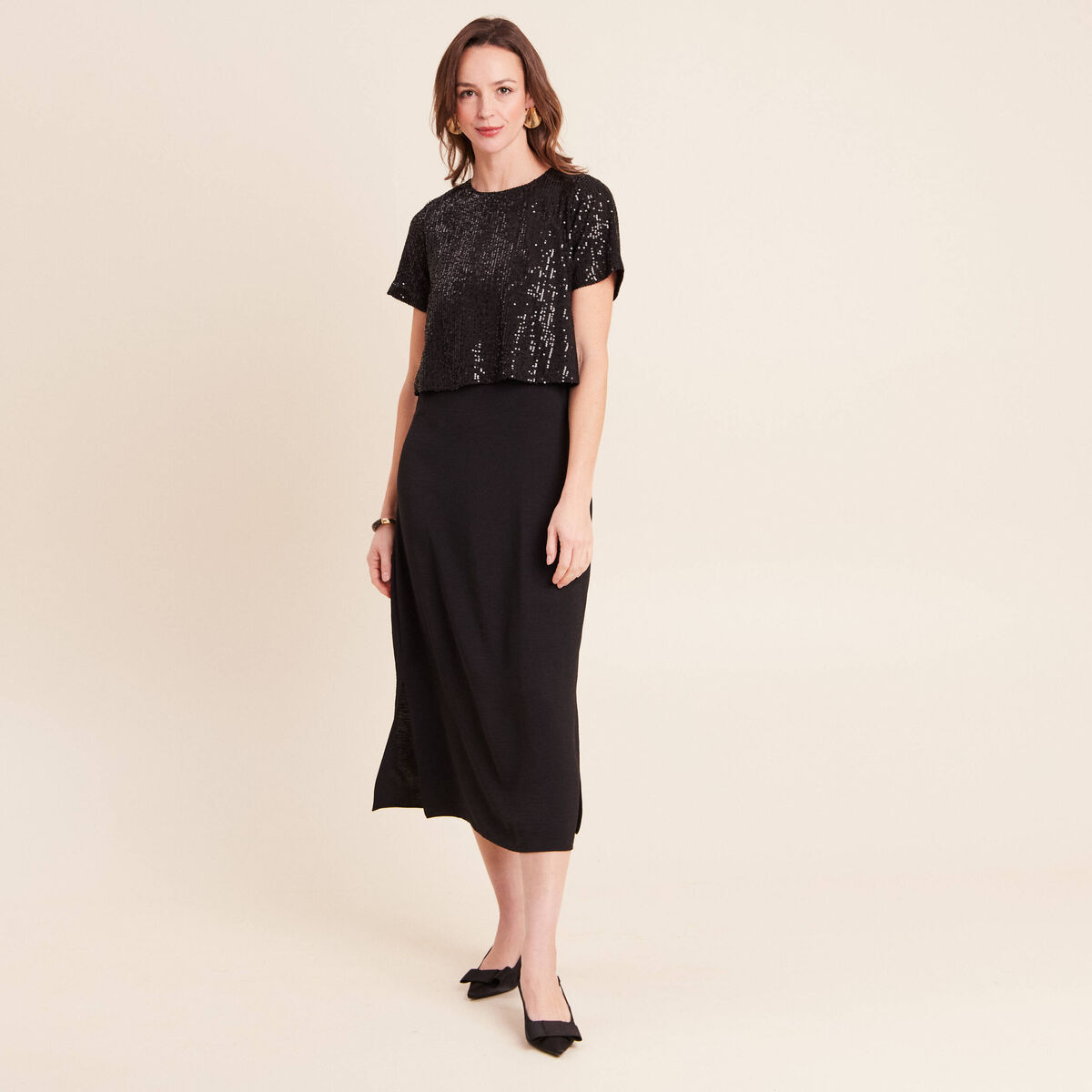 Robe longue &eacute;vas&eacute;e 2 en 1 col rond noir femme