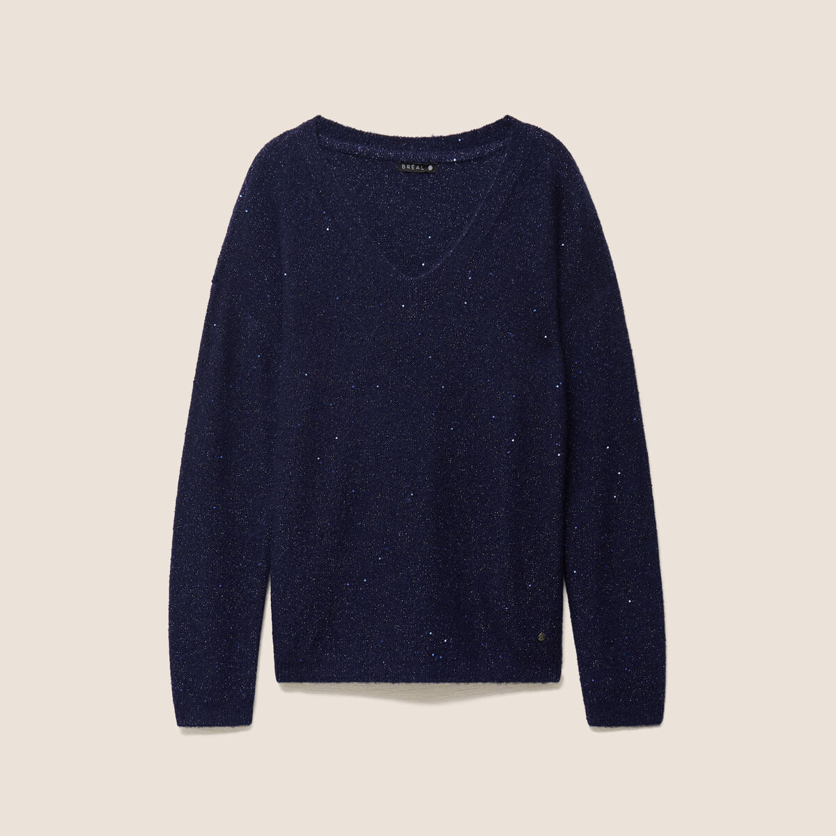 Pull col v manches longues &agrave; sequins bleu marine femme