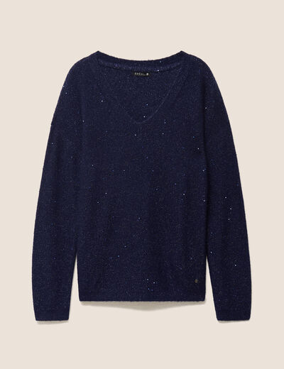 Pull col v manches longues &agrave; sequins bleu marine femme