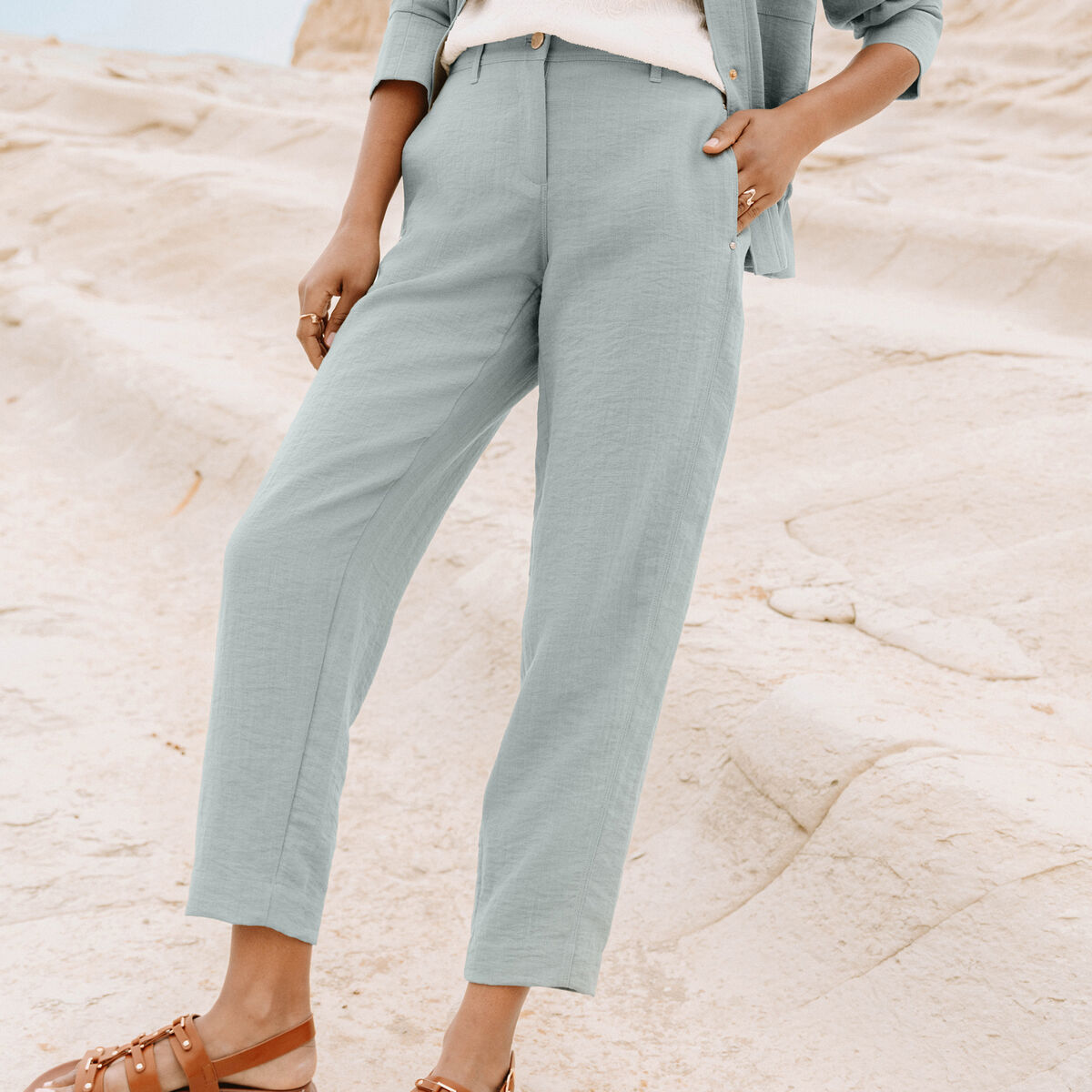 Pantalon large 7/8&egrave;me doubl&eacute; aspect lin vert clair femme