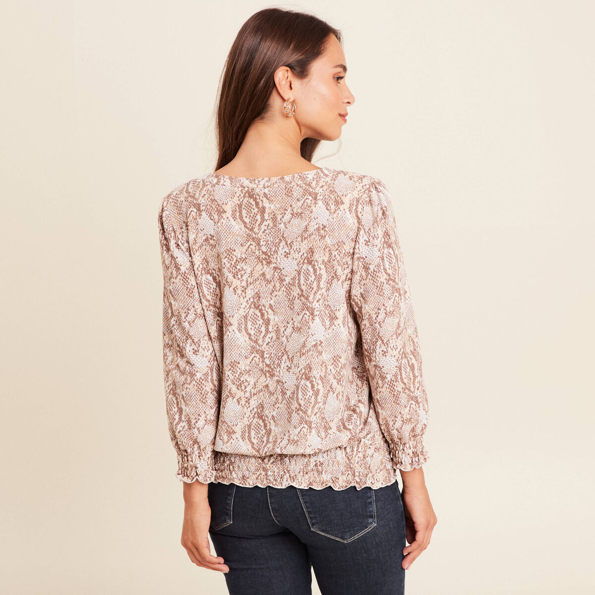 T-shirt col rond manches 3/4 beige femme