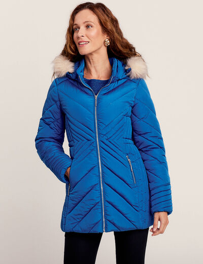 Doudoune d&eacute;perlante &agrave; capuche amovible bleu electrique femme