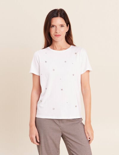 T-shirt d&eacute;tails bijout&eacute;s blanc femme