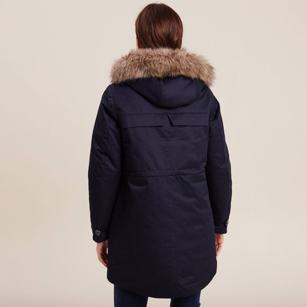 Parka cintr&eacute;e capuche fourrure bleu fonc&eacute; femme
