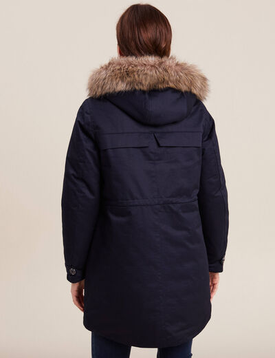Parka cintrée capuche fourrure bleu foncé femme