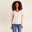 Pull col v avec broderie beige femme