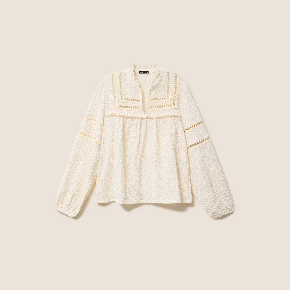 Blouse boh&egrave;me maille cr&ecirc;p&eacute;e ecru femme