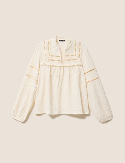 Blouse boh&egrave;me maille cr&ecirc;p&eacute;e ecru femme
