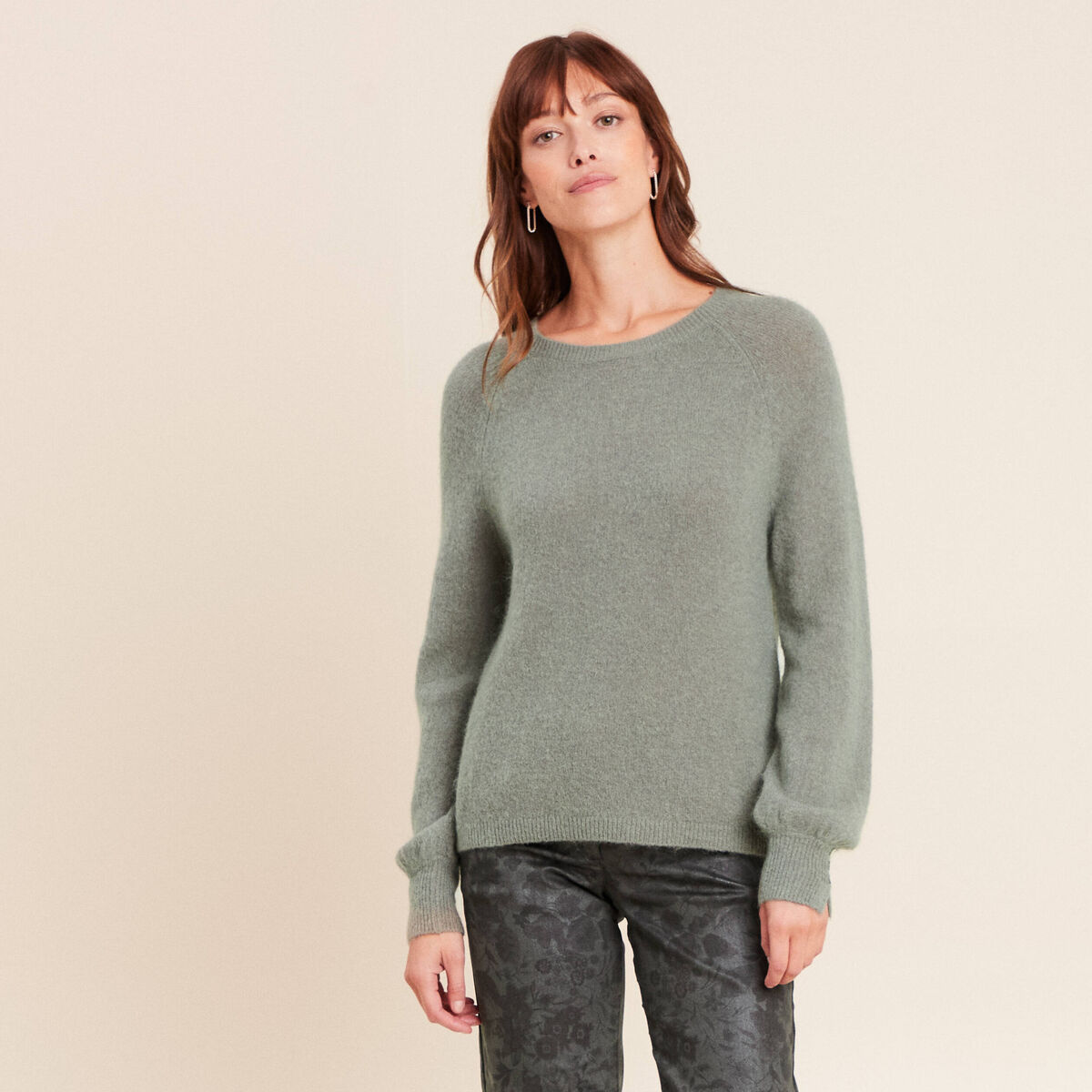 Pull col rond manches longues vert clair femme