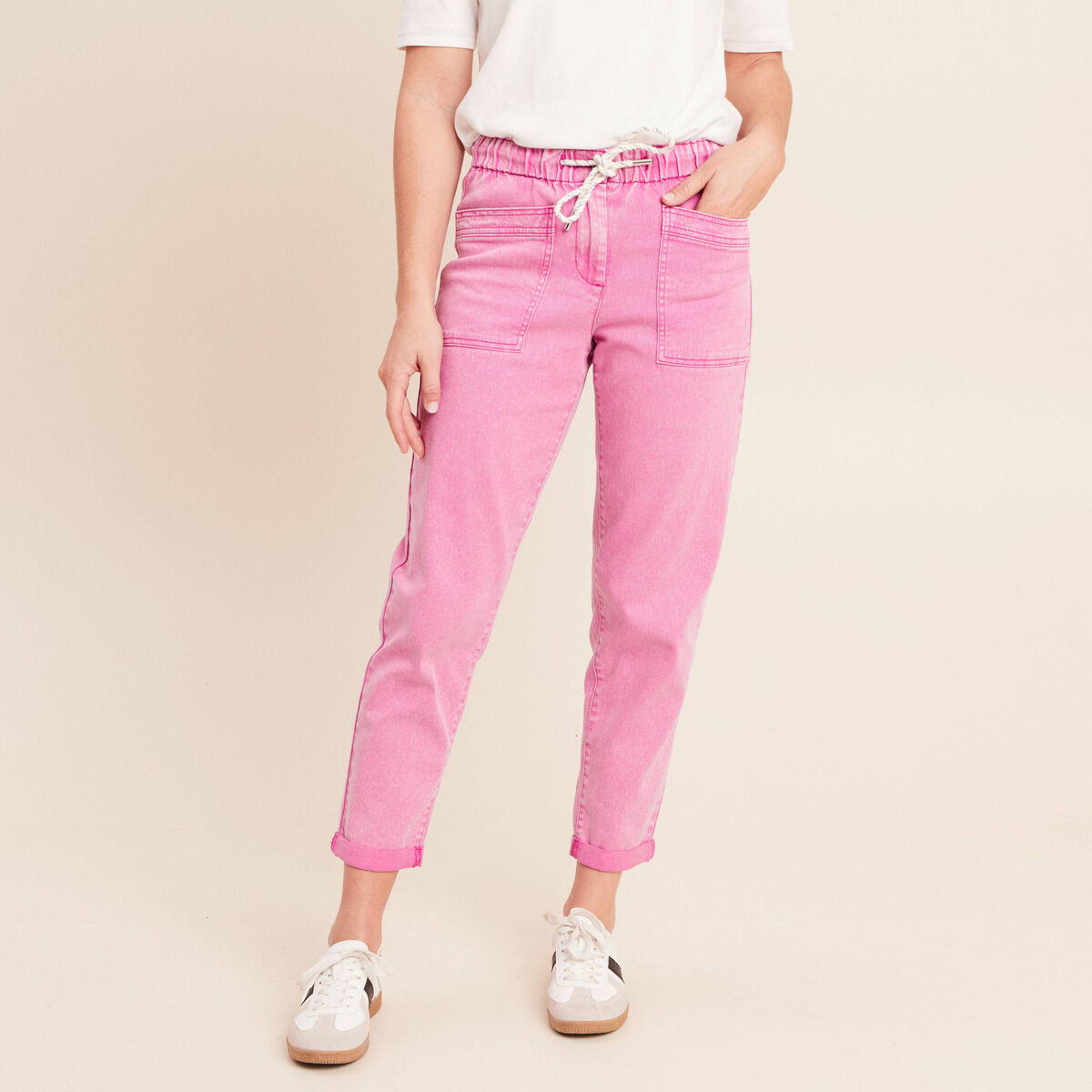 Jean coupe mom 7/8&egrave;me rose fushia femme