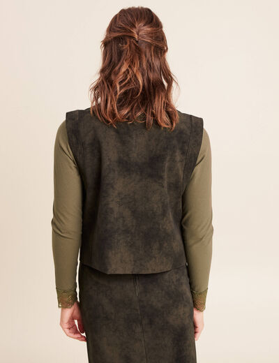 Veste sans manches aspect daim doubl&eacute;e vert kaki femme